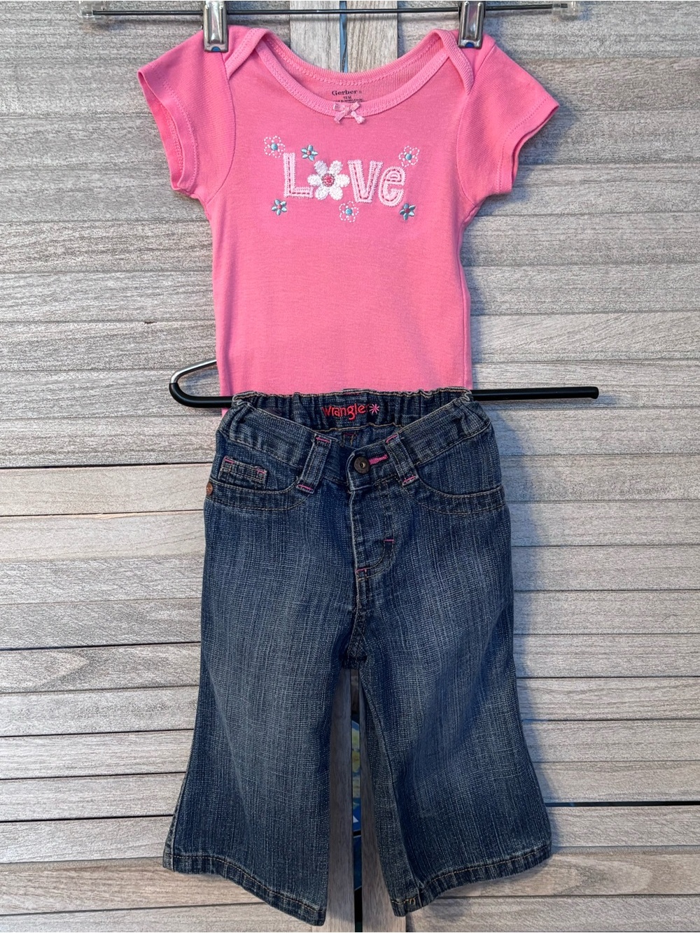 Y2K Girls 12MO WranglerJeans Pink Stitching FlipPockets+Embroidered LOVE Onesie